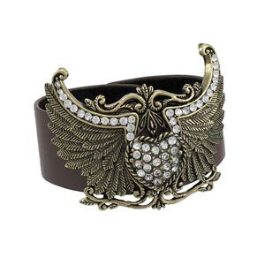 Brown Vinyl Winged Rhinestone Heart Bracelet